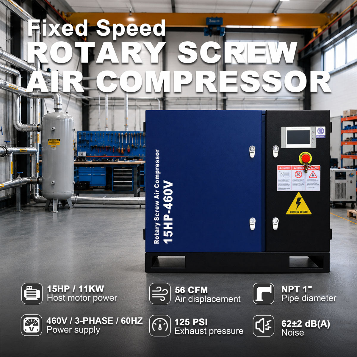 A large blue and black rotary screw air compressor shown in a factory setting.