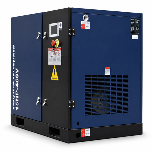 A blue and black industrial rotary screw air compressor 