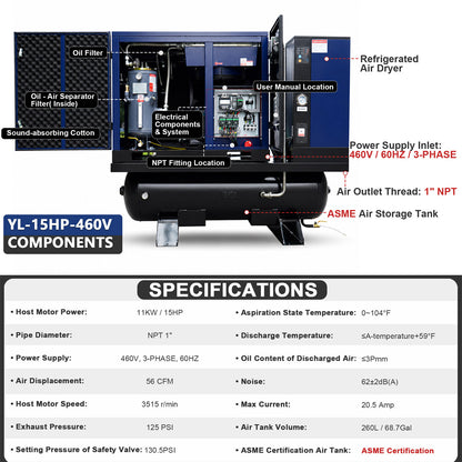 56CFM-15HP-Rotary-Screw-Air-Compressor-with-Dryer