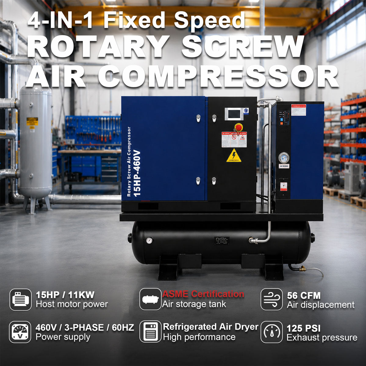 56 CFM 15HP Rotary Screw Air Compressor with Dryer & 68.7-Gal ASME Tank | 125PSI, 460V 3PHASE 60HZ