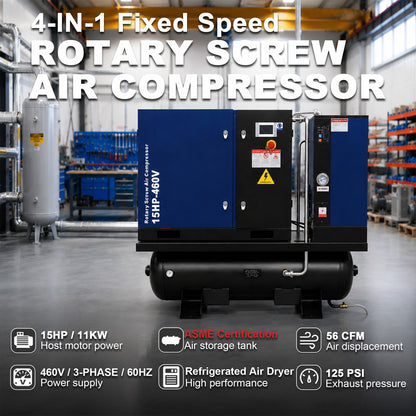 56 CFM 15HP Rotary Screw Air Compressor with Dryer & 68.7-Gal ASME Tank | 125PSI, 460V 3PHASE 60HZ