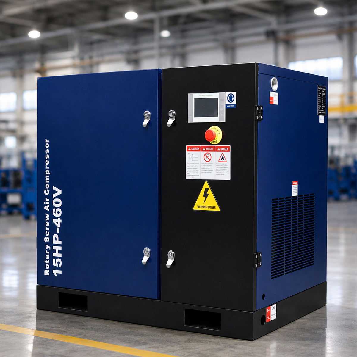 A large industrial rotary screw air compressor