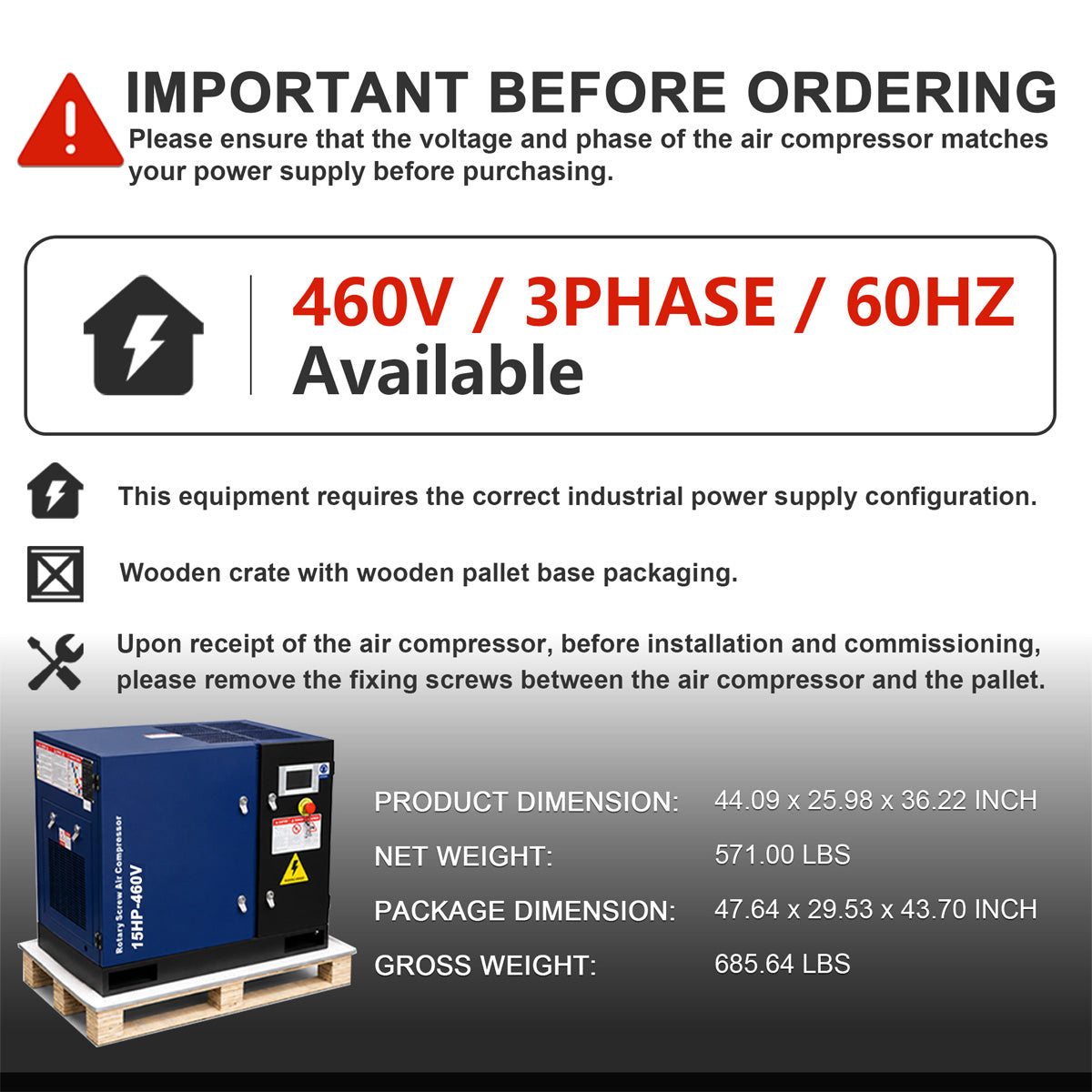 A product information graphic for an industrial air compressor. 
