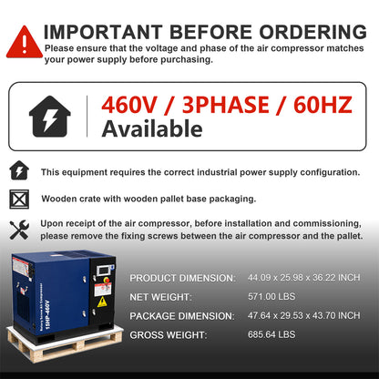 A product information graphic for an industrial air compressor. 
