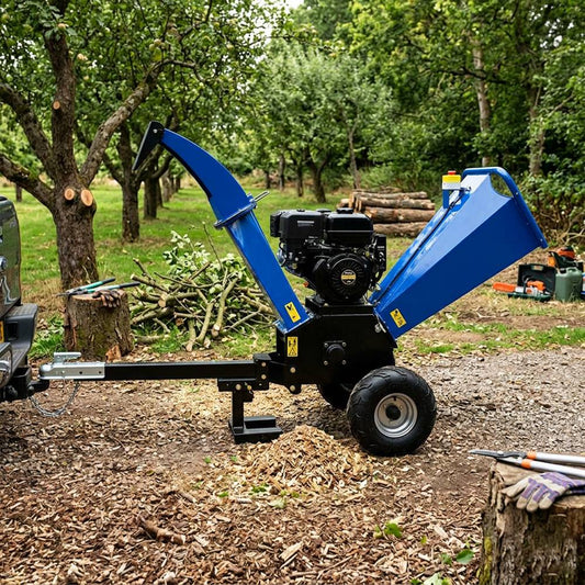 Wood chipper on a trailer in a wooded area with trees and logs in the background.