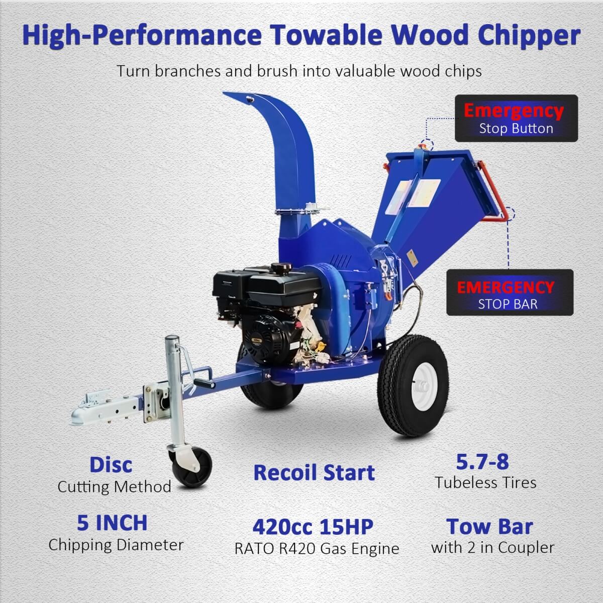 5" 15 HP 420cc Gas Powered Wood Chipper