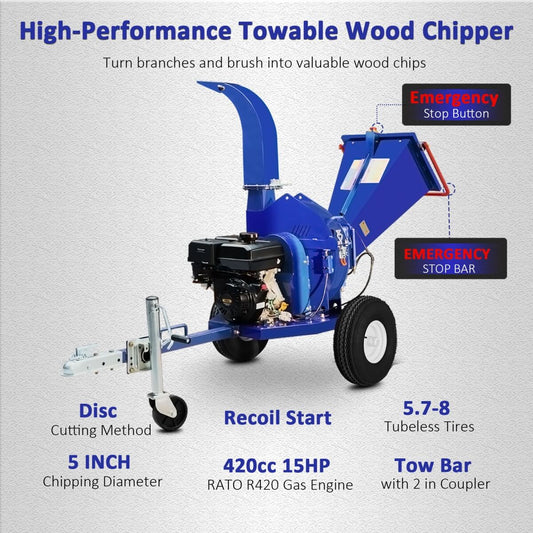 5" 15 HP 420cc Gas Powered Wood Chipper