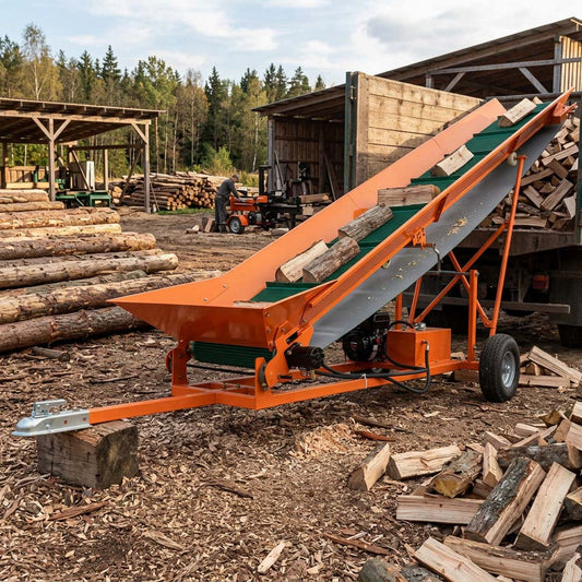 Wood processing equipment in a logging yard with logs and stacks of wood around.#color_orange