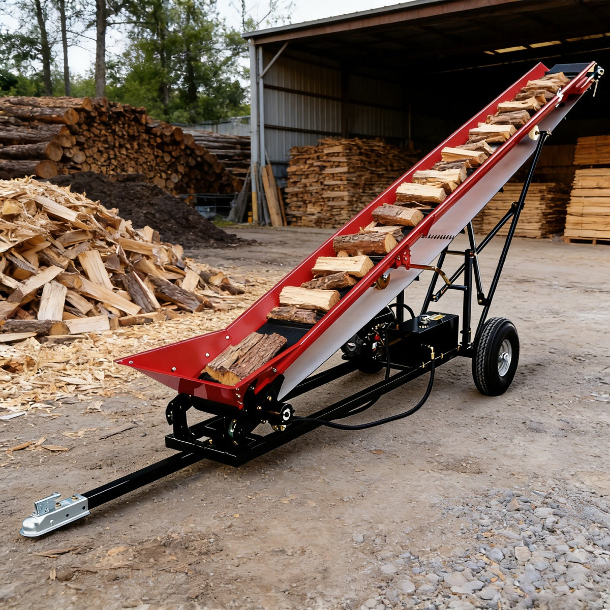 Firewood Conveyor in a logging yard with stacks of wood in the background.