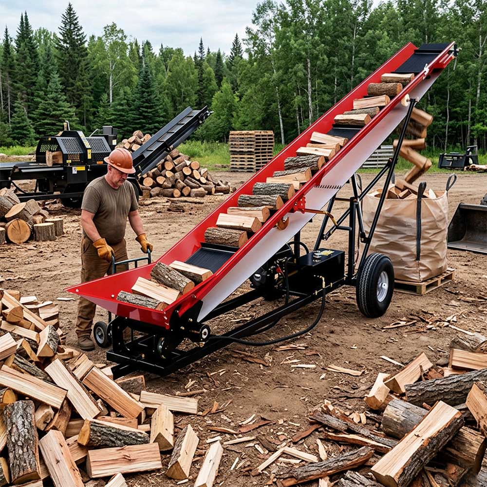 Man operating a wood chipper in a forest setting with stacks of wood around.#color_red