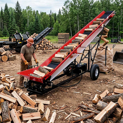 Man operating a wood chipper in a forest setting with stacks of wood around.#color_red