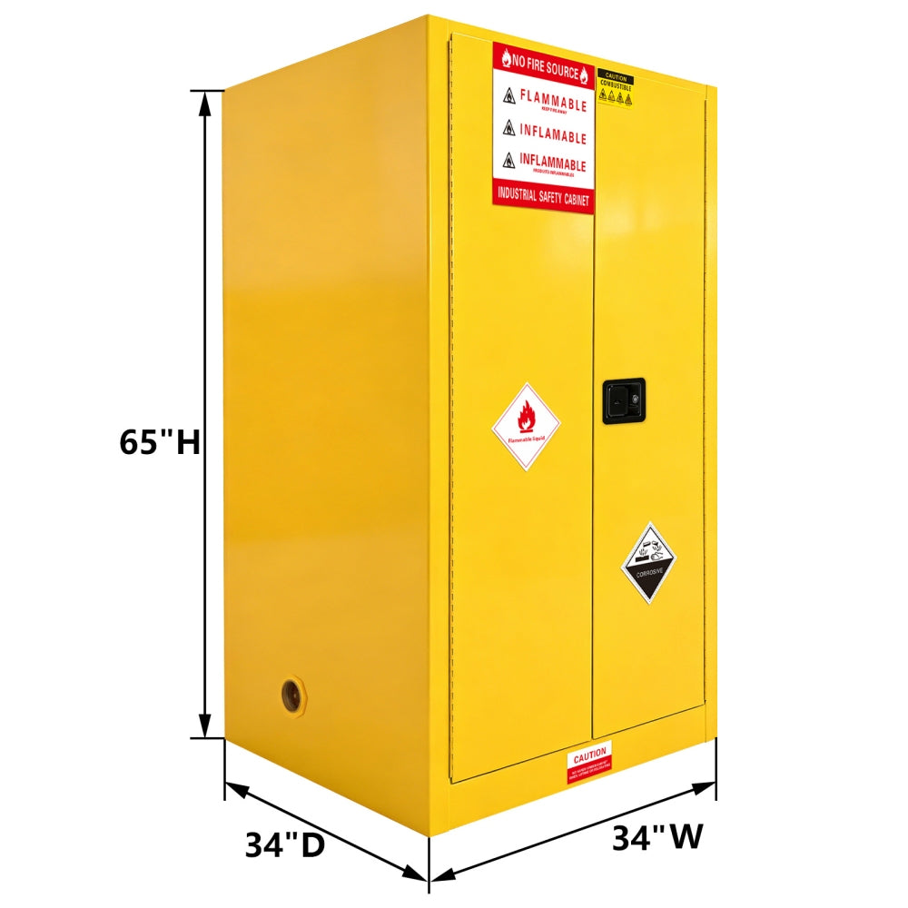 Yellow safety cabinet with dimensions and warning labels on a white background