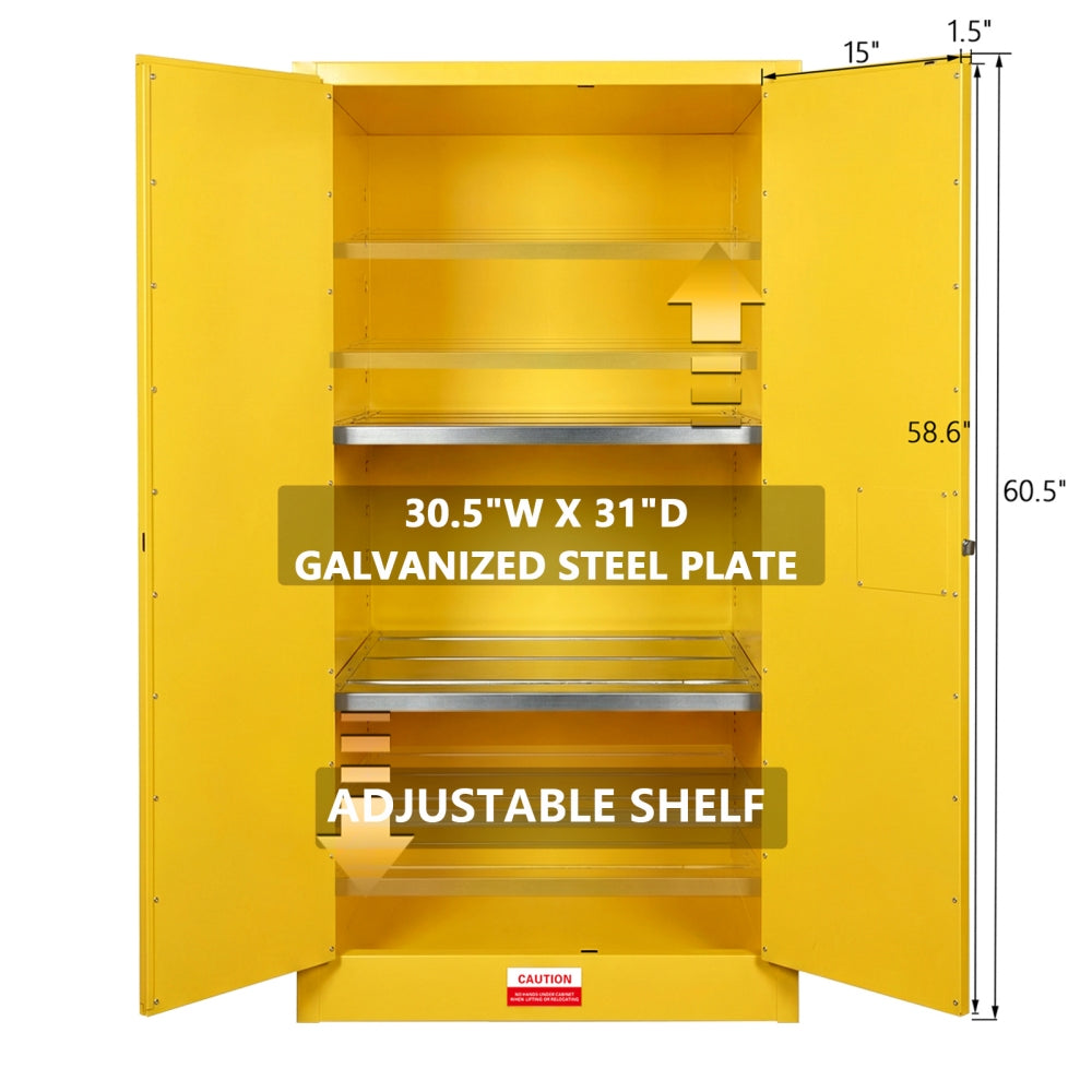 Yellow storage cabinet with adjustable shelves and dimensions on a white background