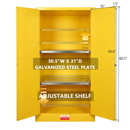 Yellow storage cabinet with adjustable shelves and dimensions on a white background