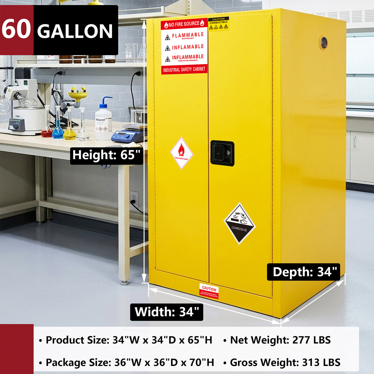 60 Gal Flammable Safety Cabinet, 34"Wx34"Dx65"H