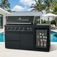 63" 6-Burner Black Outdoor Kitchen Island Grill + Fridge