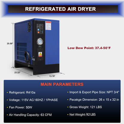 63CFM Refrigerated Air Dryer for 10HP & 15HP Compressors dimension