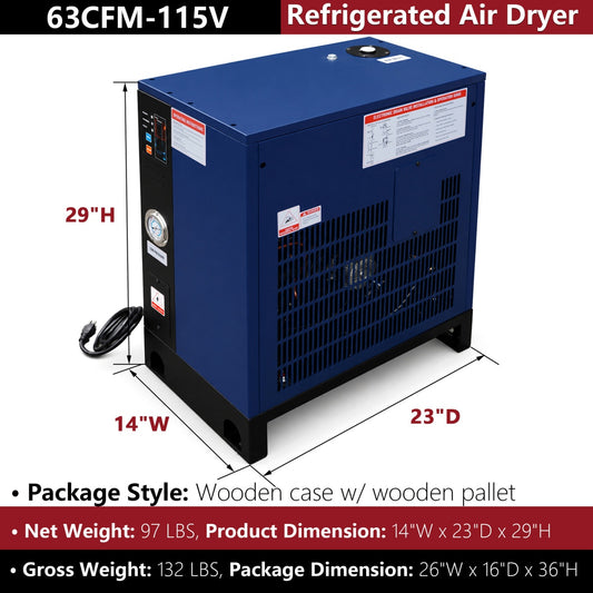 Blue refrigerated air dryer for air compressor with control panel and gauges on a white background