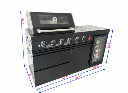 65" 4-Burner 72,000 BTU Black Outdoor Kitchen Island Grill Marble Countertops Wine Cooler