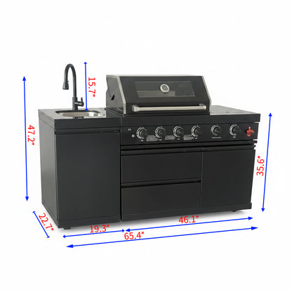 65" 4-Burner 72,000 BTU Black Outdoor Kitchen Island Grill + Round Side Burner