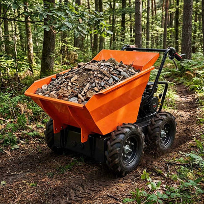 Orange dump truck loaded with rocks in a forest setting