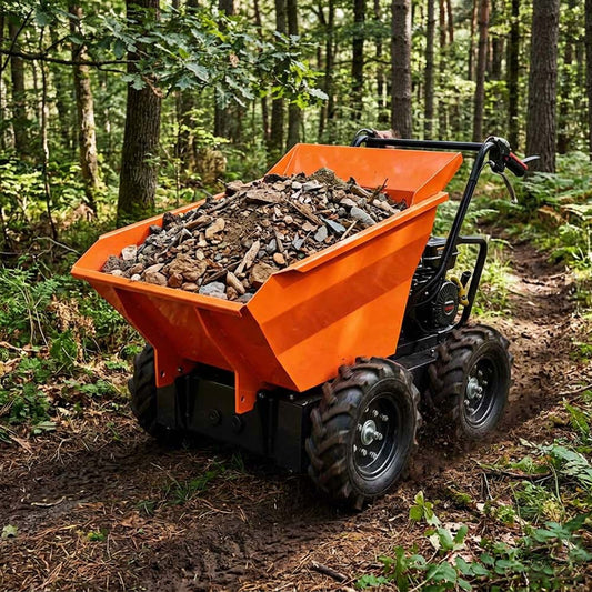 Orange dump truck loaded with rocks in a forest setting