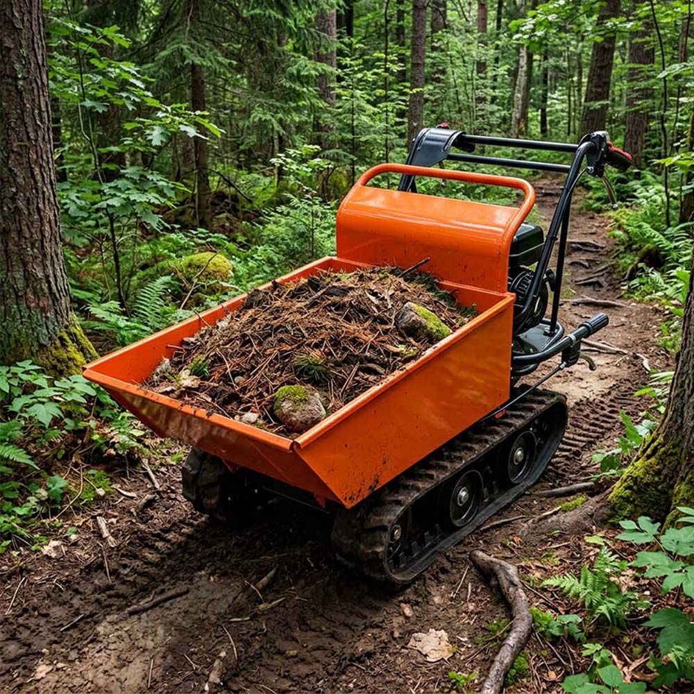 Small orange tracked vehicle with a load of dirt in a forest setting