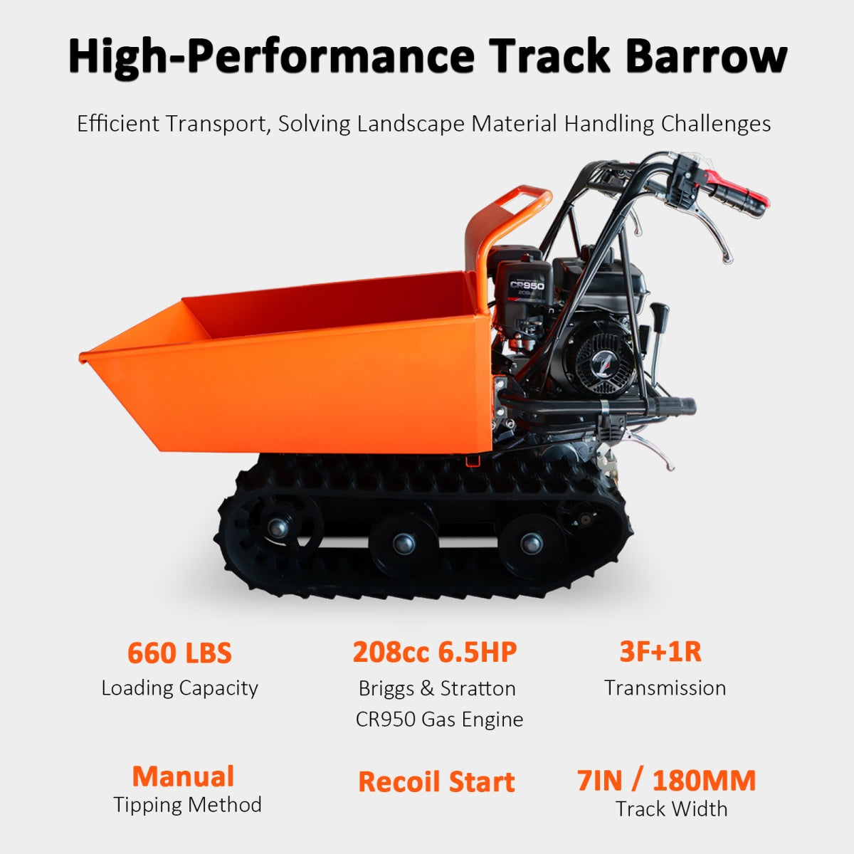 660lbs Capacity 6.5HP Gas Powered Track Barrow