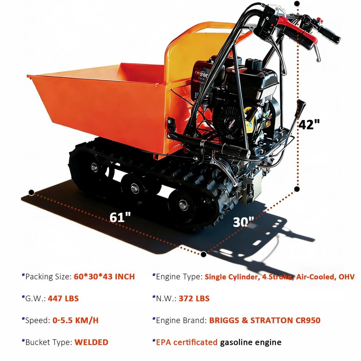 660lbs Capacity 6.5HP Gas Powered Track Barrow