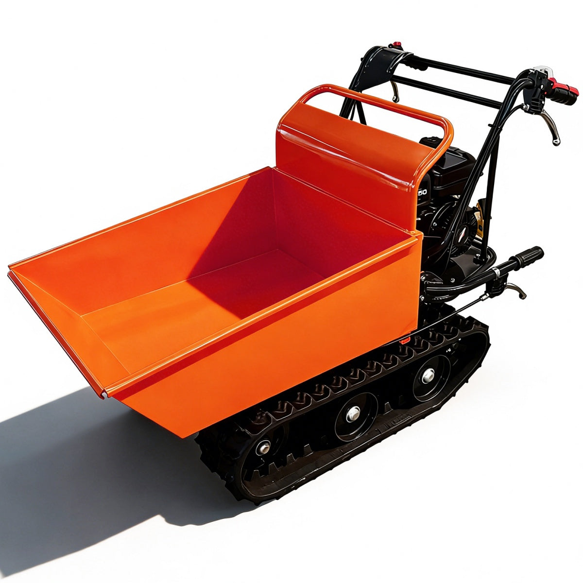 Small orange Gas Powered Track Barrow on a white background