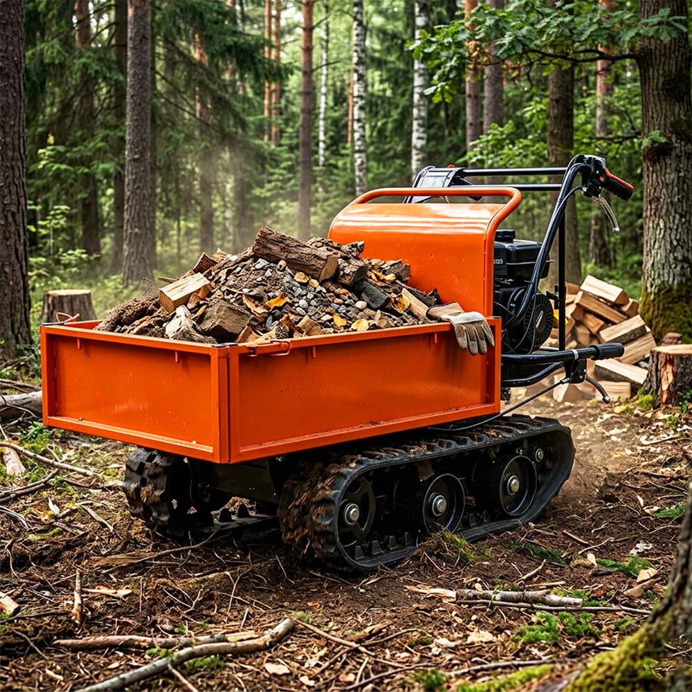Orange tracked vehicle carrying wood in a forest setting