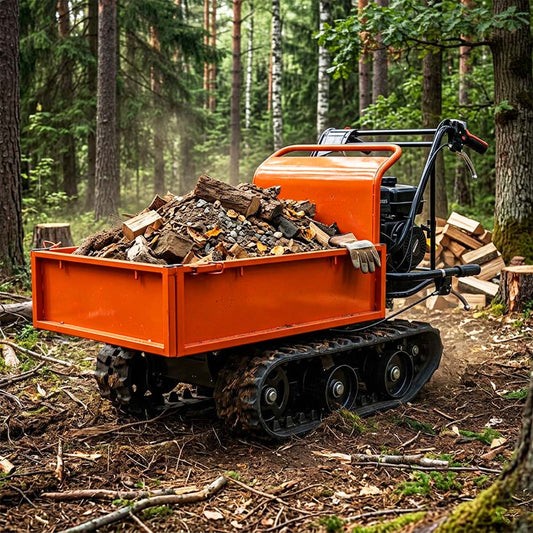 Orange tracked vehicle carrying wood in a forest setting