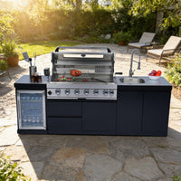 Stainless 96" 6-Burner 85000 BTU Black Outdoor Kitchen Island Grill + Refrigerator + Sink + Rotisserie