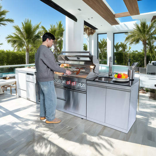 96" 6-Burner 85,000 BTU Deluxe Stainless Outdoor Kitchen Island Grill with Wine Cooler & Storage Cabinets