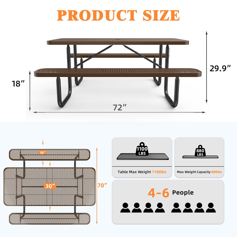 6ft Rectangle Picnic Table With Umbrella Hole Brown