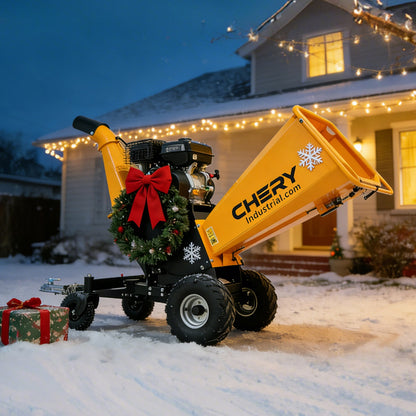 Chery industrial wood chipper in Christmas snow scene