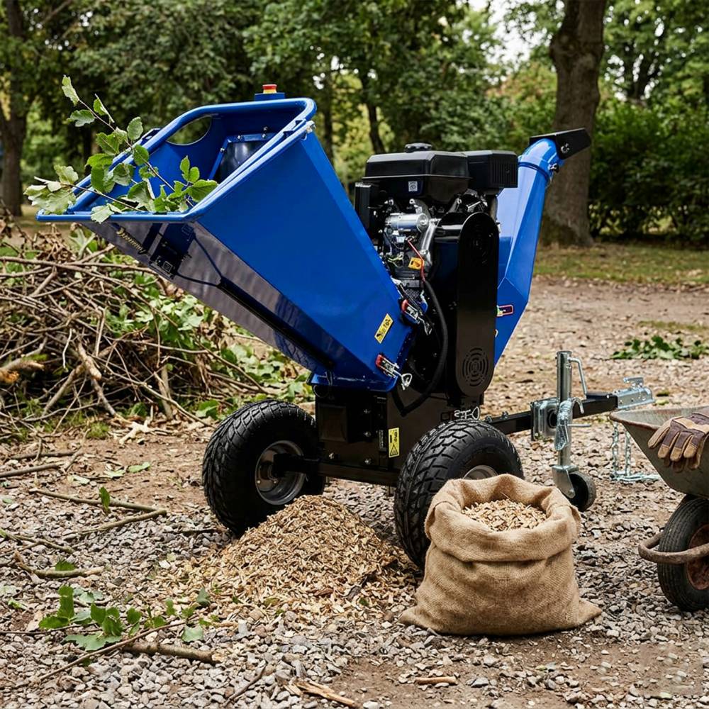 Blue agricultural machine with a dump bed in an outdoor setting, surrounded by trees and foliage.