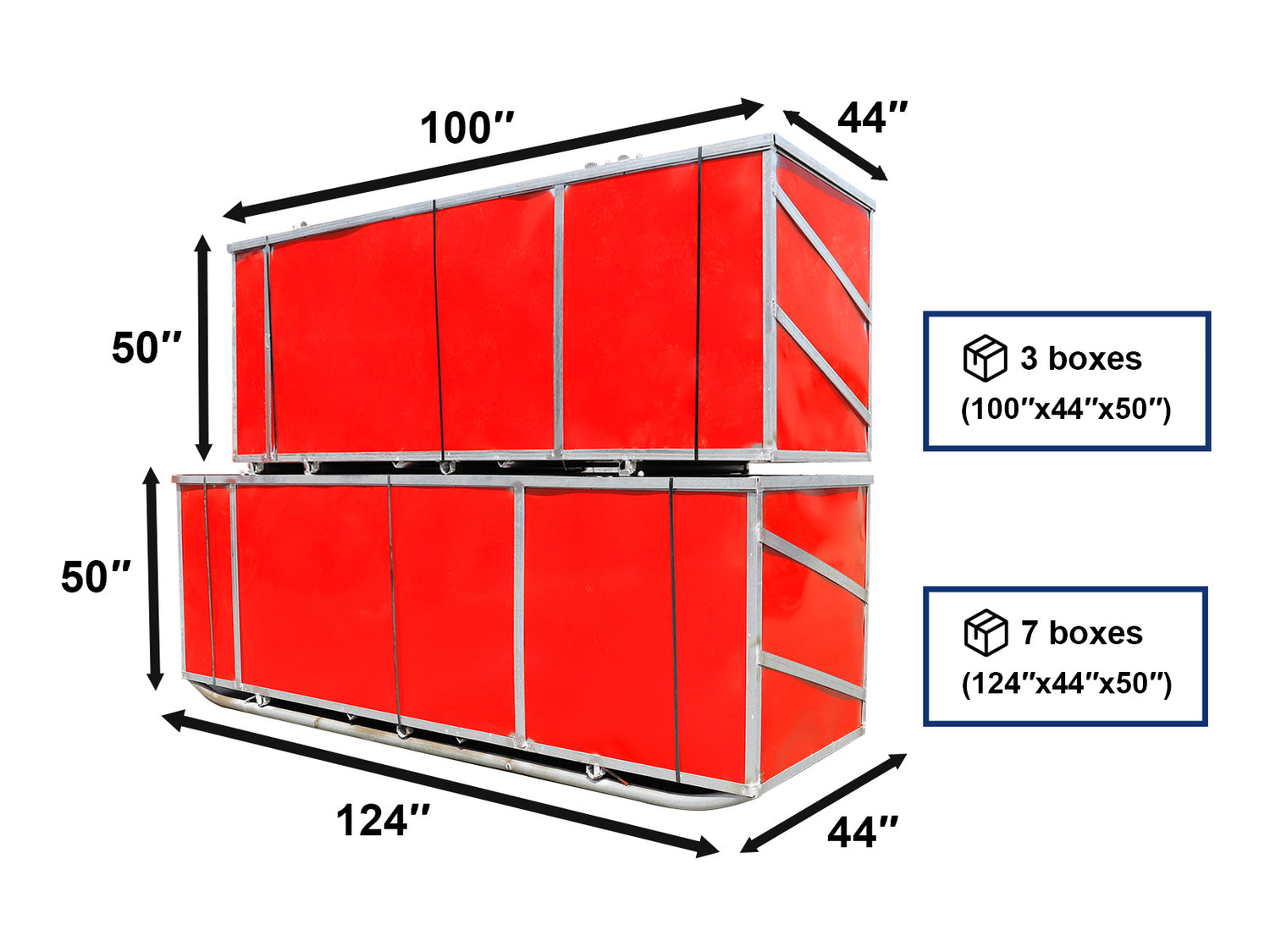 Red storage boxes with dimensions and quantity labels on a white background