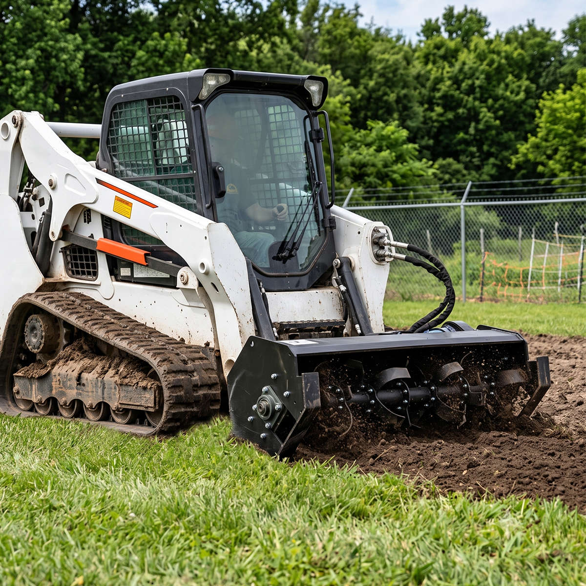 A skid steer loader with a rotary tiller attachment is shown in a grassy field, digging up dirt.