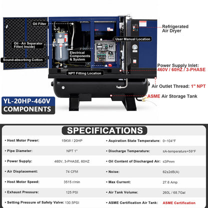 74CFM 20HP Combined Rotary Screw Air Compressor with Dryer & 68.7-Gal ASME Tank | 125PSI, 460V 3PHASE 60HZ
