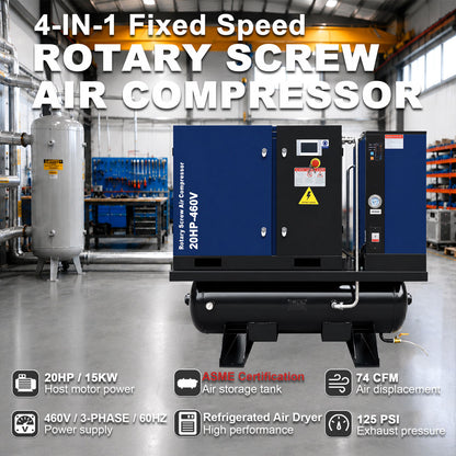74CFM 20HP Combined Rotary Screw Air Compressor with Dryer & 68.7-Gal ASME Tank | 125PSI, 460V 3PHASE 60HZ