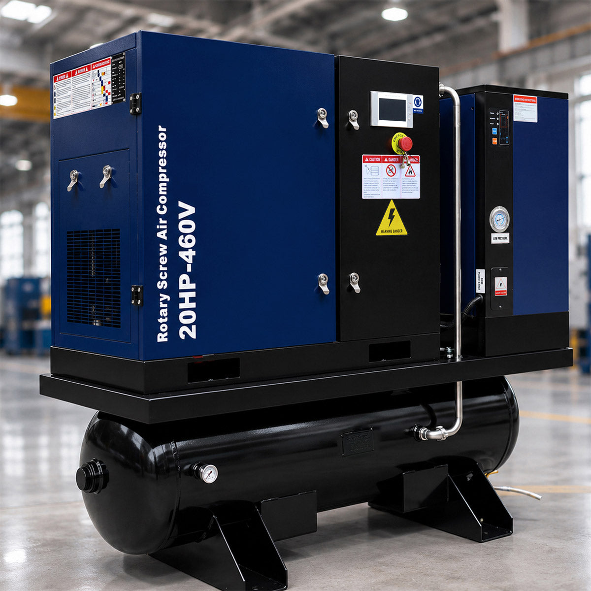 74CFM 20HP Combined Rotary Screw Air Compressor with Dryer & 68.7-Gal ASME Tank | 125PSI, 460V 3PHASE 60HZ