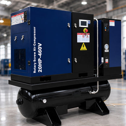 74CFM 20HP Combined Rotary Screw Air Compressor with Dryer & 68.7-Gal ASME Tank | 125PSI, 460V 3PHASE 60HZ
