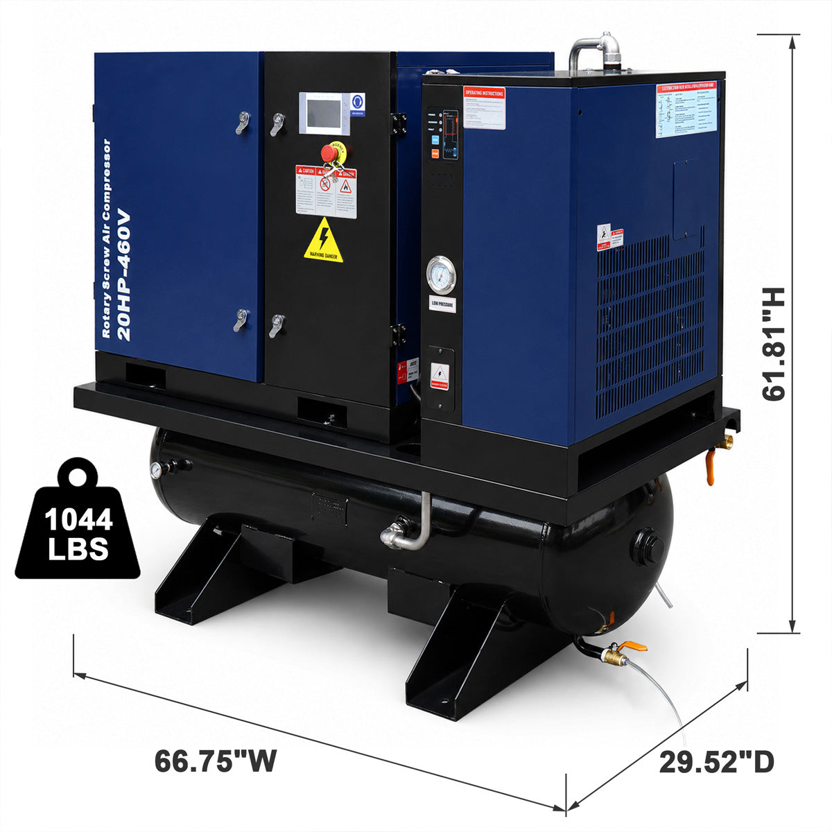 74CFM 20HP Combined Rotary Screw Air Compressor with Dryer & 68.7-Gal ASME Tank | 125PSI, 460V 3PHASE 60HZ