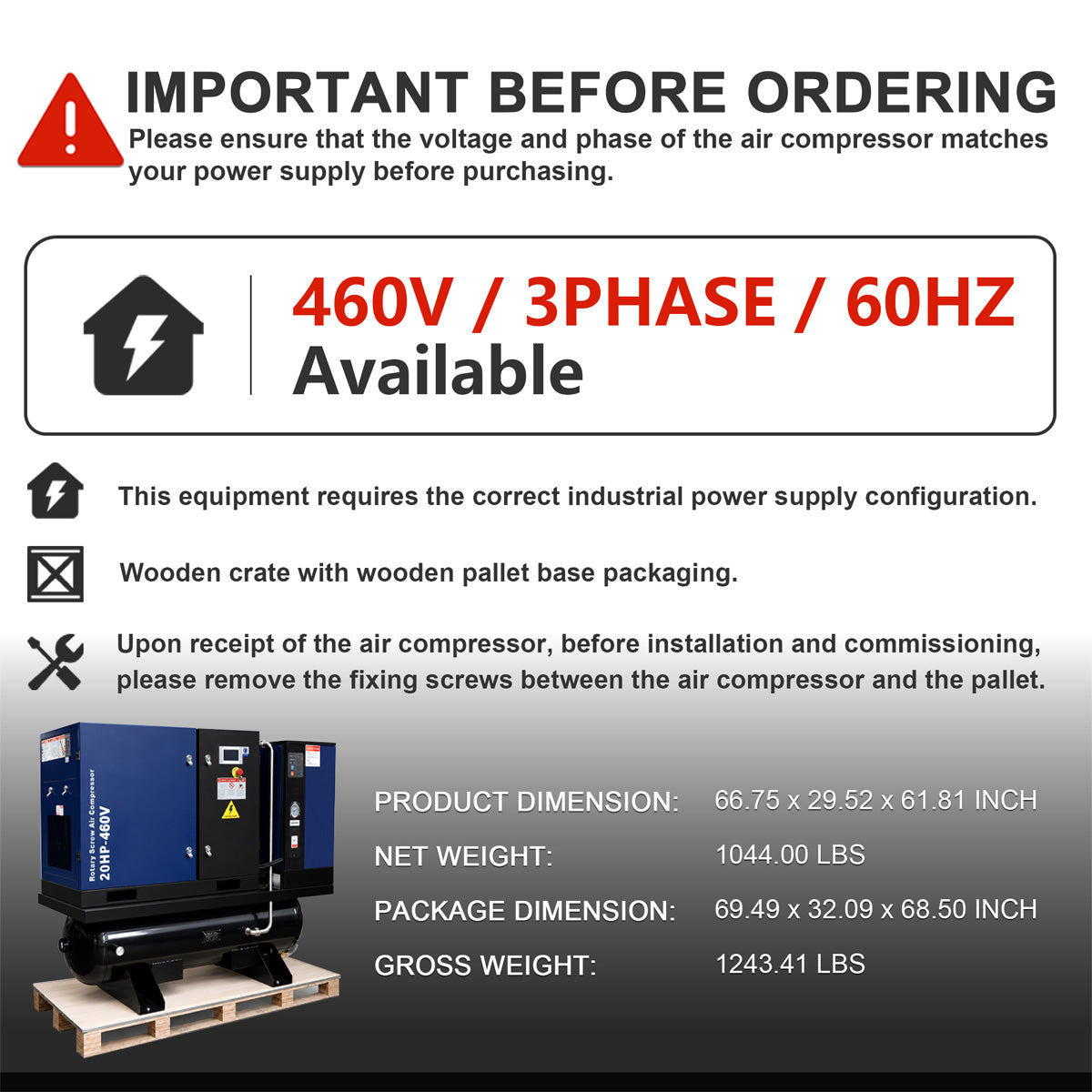 74CFM 20HP Combined Rotary Screw Air Compressor with Dryer & 68.7-Gal ASME Tank | 125PSI, 460V 3PHASE 60HZ