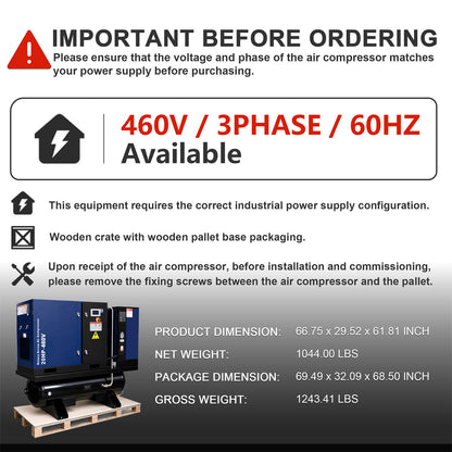 74CFM 20HP Combined Rotary Screw Air Compressor with Dryer & 68.7-Gal ASME Tank | 125PSI, 460V 3PHASE 60HZ