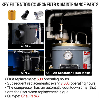 74CFM 20HP Combined Rotary Screw Air Compressor with Dryer & 68.7-Gal ASME Tank | 125PSI, 460V 3PHASE 60HZ
