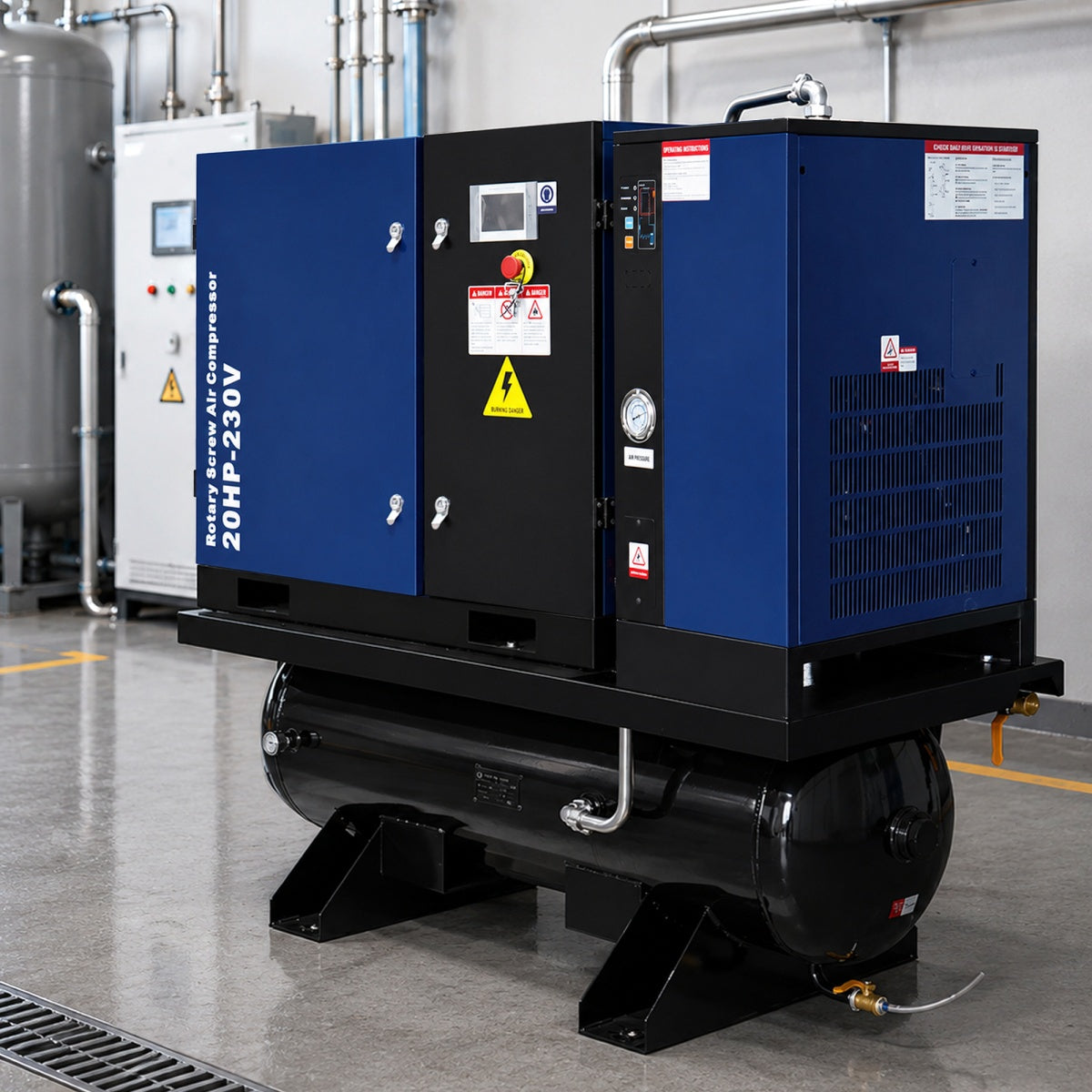 74CFM 20HP Rotary Screw Air Compressor with Air Dryer & ASME Tank | 125 PSI 230V 3-Phase