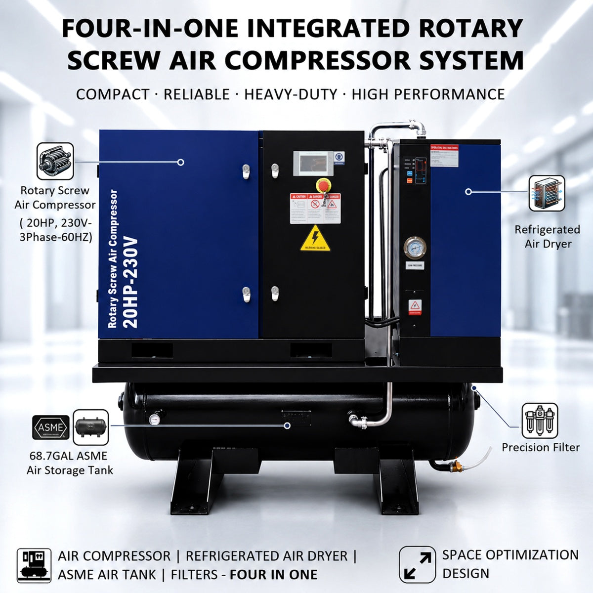 74CFM 20HP Rotary Screw Air Compressor with Air Dryer & ASME Tank | 125 PSI 230V 3-Phase