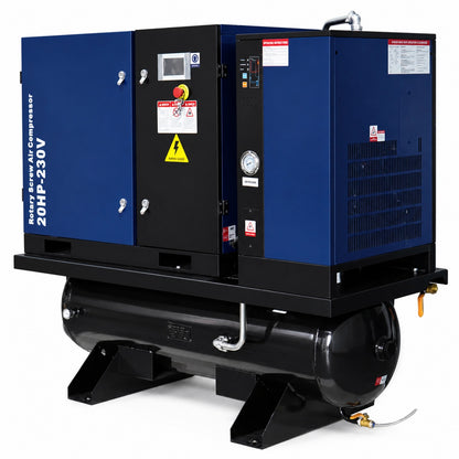 74CFM 20HP Rotary Screw Air Compressor with Air Dryer & ASME Tank | 125 PSI 230V 3-Phase